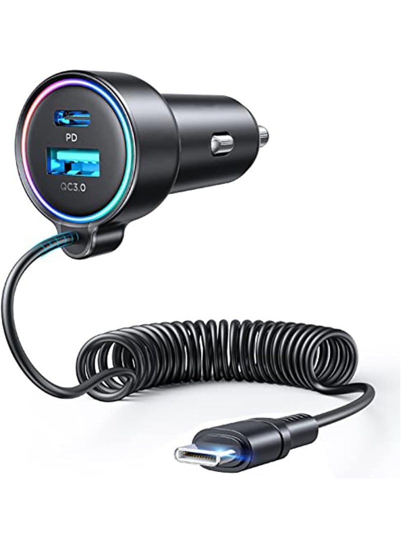 شاحن سيارة USB C 90W لـ iPhone 17/16 Pro Max، PD و QC3.0 مع كبل مُلتف نوع 45W بطول 5 أقدام، محول شحن سريع للهاتف في السيارة لـ iPhone 17Air/15 Pro، سامسونغ جالاكسي S25/S24/S23، بيكسل 10/LG/أندرويد، أيد باد - Image 1